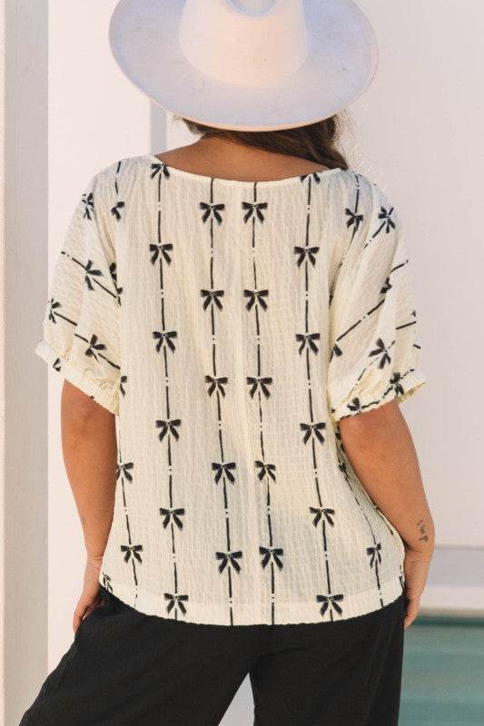 Aviana Bow Print Puff Short Sleeve Top - Shop Style & More | Fresh Looks, Everyday Deals & Free Shipping
