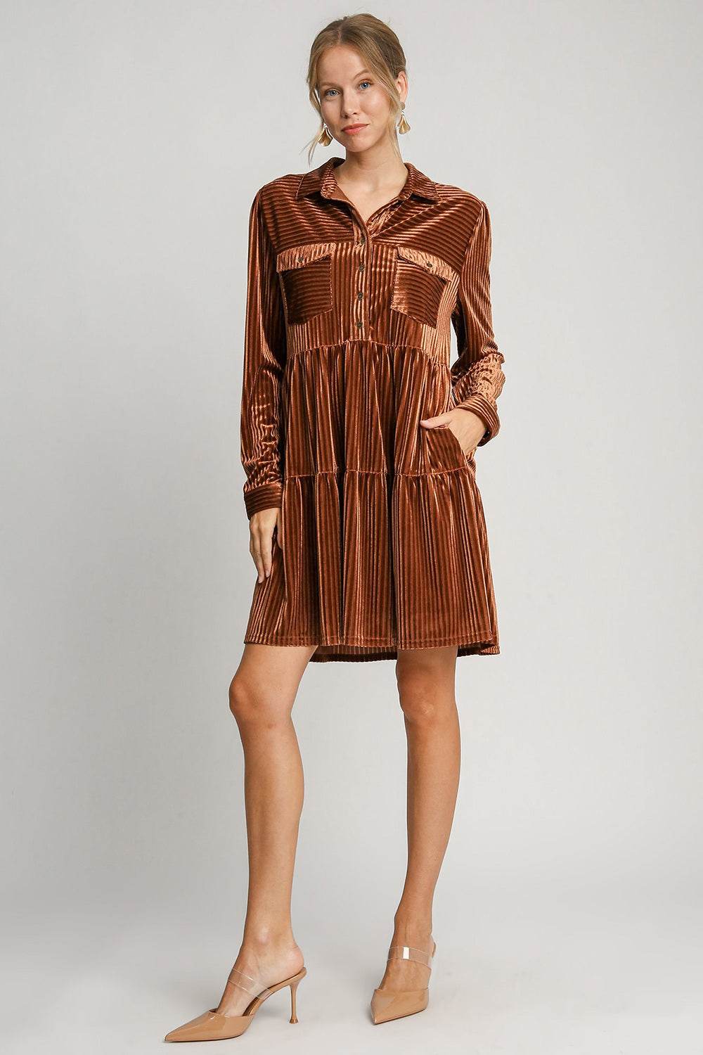 Umgee Texture Tiered Collared Long Sleeve Dress - Shop Style & More | Fresh Looks, Everyday Deals & Free Shipping