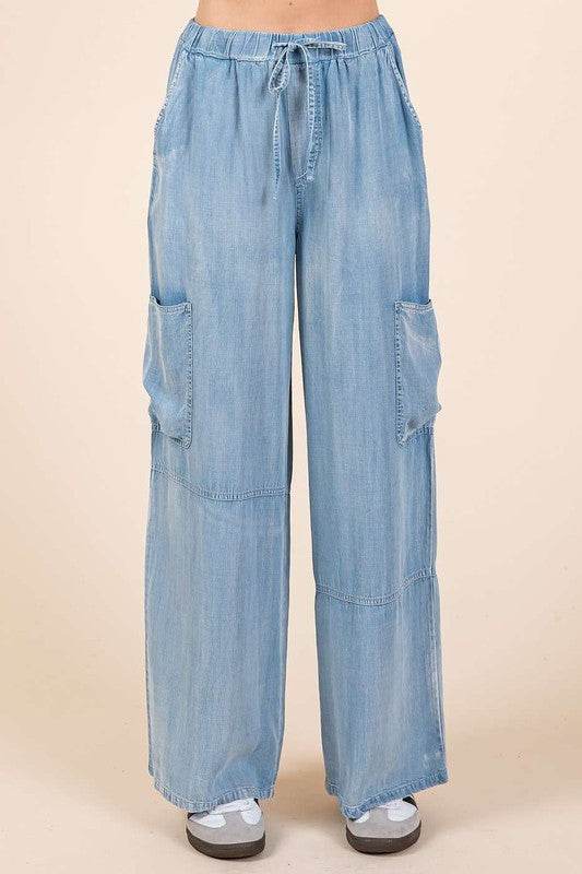 Mittoshop Washed Elastic Waist Cargo Wide Leg Pants - Shop Style & More | Fresh Looks, Everyday Deals & Free Shipping