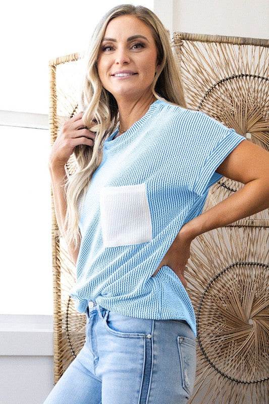 Corded Knit Color Block Pocketed Crew Neck T Shirt - Shop Style & More | Fresh Looks, Everyday Deals & Free Shipping