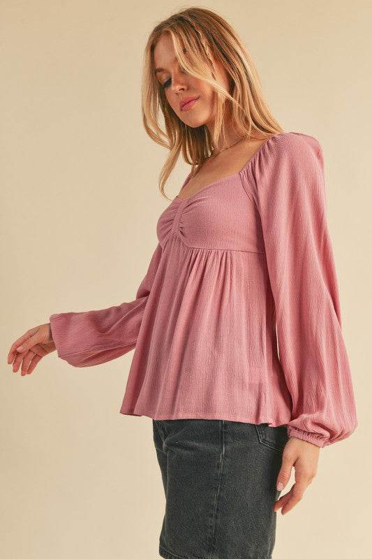 Aemi + Co Ruched Sweetheart Neck Balloon Sleeve Blouse - Shop Style & More | Fresh Looks, Everyday Deals & Free Shipping