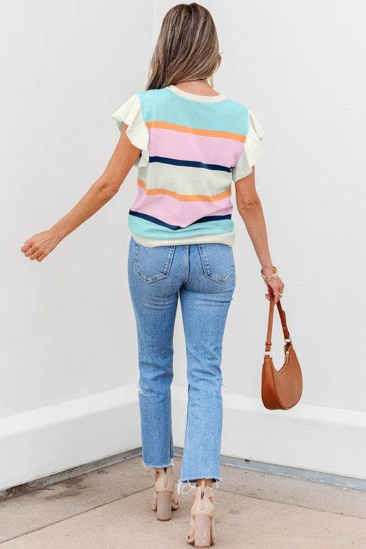 Yasmin Striped Flutter Sleeve Patchwork Top - Shop Style & More | Fresh Looks, Everyday Deals & Free Shipping
