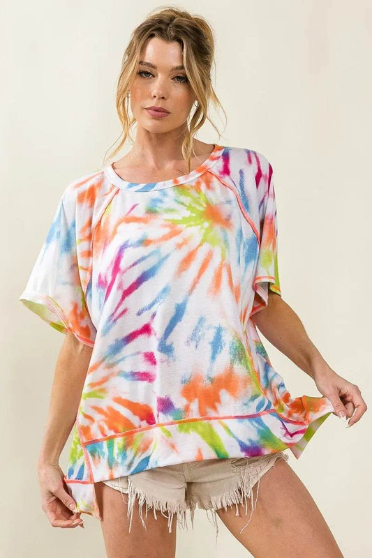 BiBi Tie Dye Print Jersey Stitched Uneven Hem Top - Shop Style & More | Fresh Looks, Everyday Deals & Free Shipping