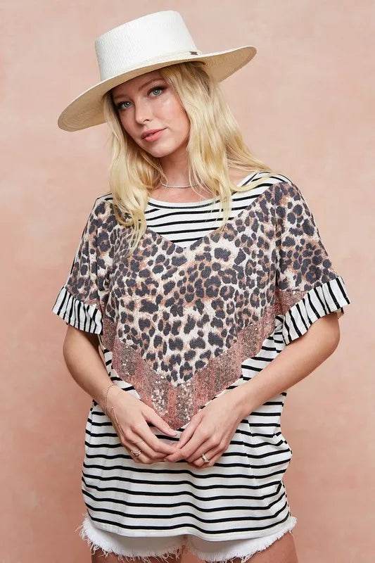 BiBi Stripe Rayon Span Knit Color Block Top With Leopard - Shop Style & More | Fresh Looks, Everyday Deals & Free Shipping