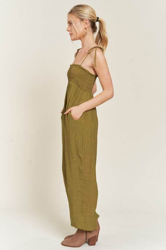 SMOCKED TIE STRAP JUMPSUIT - Shop Style & More | Fresh Looks, Everyday Deals & Free Shipping