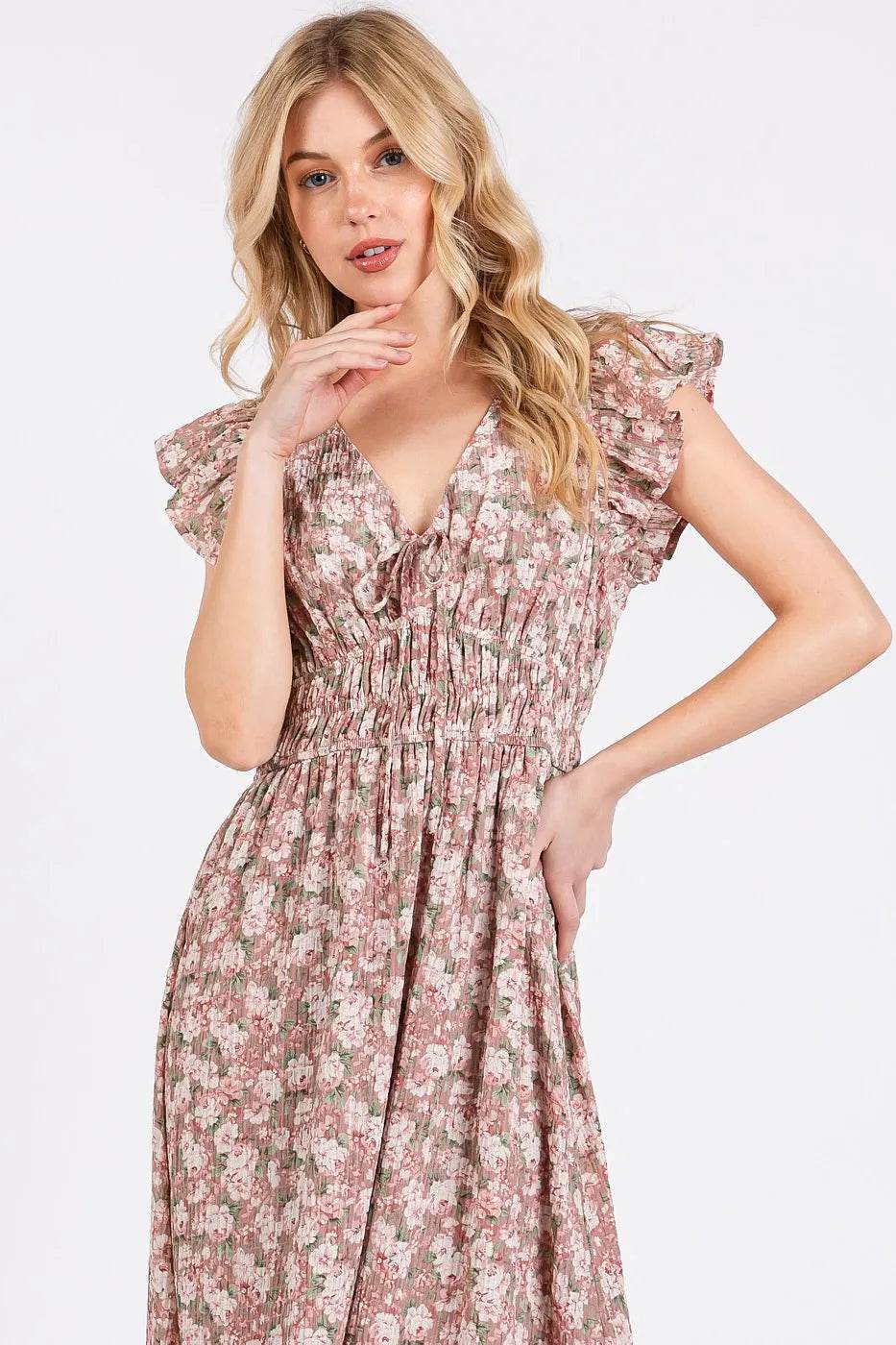 Mittoshop Flower Print Ruffle Cap Sleeve V-neck Midi Dress - Shop Style & More | Fresh Looks, Everyday Deals & Free Shipping