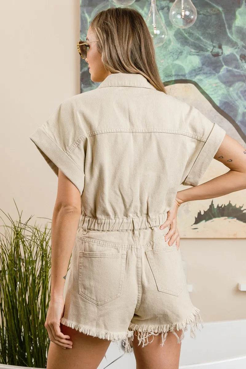BiBi Distressed Detail Washed Elastic Waistband Romper - Shop Style & More | Fresh Looks, Everyday Deals & Free Shipping