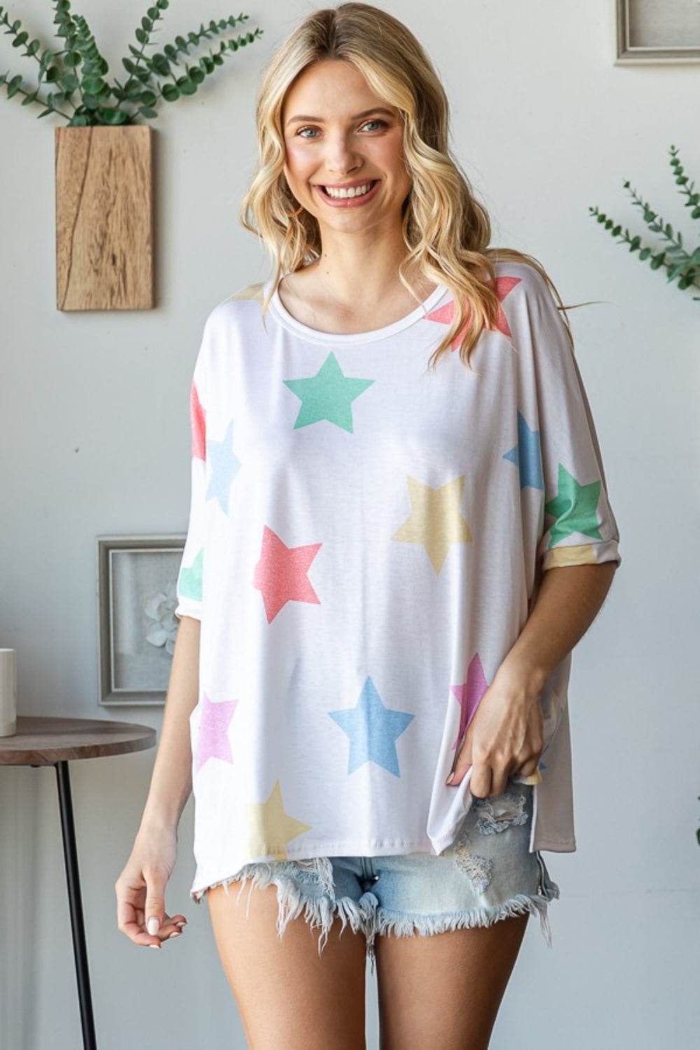 HOPELY Full Size Multi Colored Star Print T-Shirt - Shop Style & More | Fresh Looks, Everyday Deals & Free Shipping