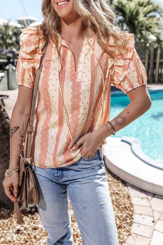 Kelsey Frilled Short Puff Sleeve Mixed Print Blous - Shop Style & More | Fresh Looks, Everyday Deals & Free Shipping