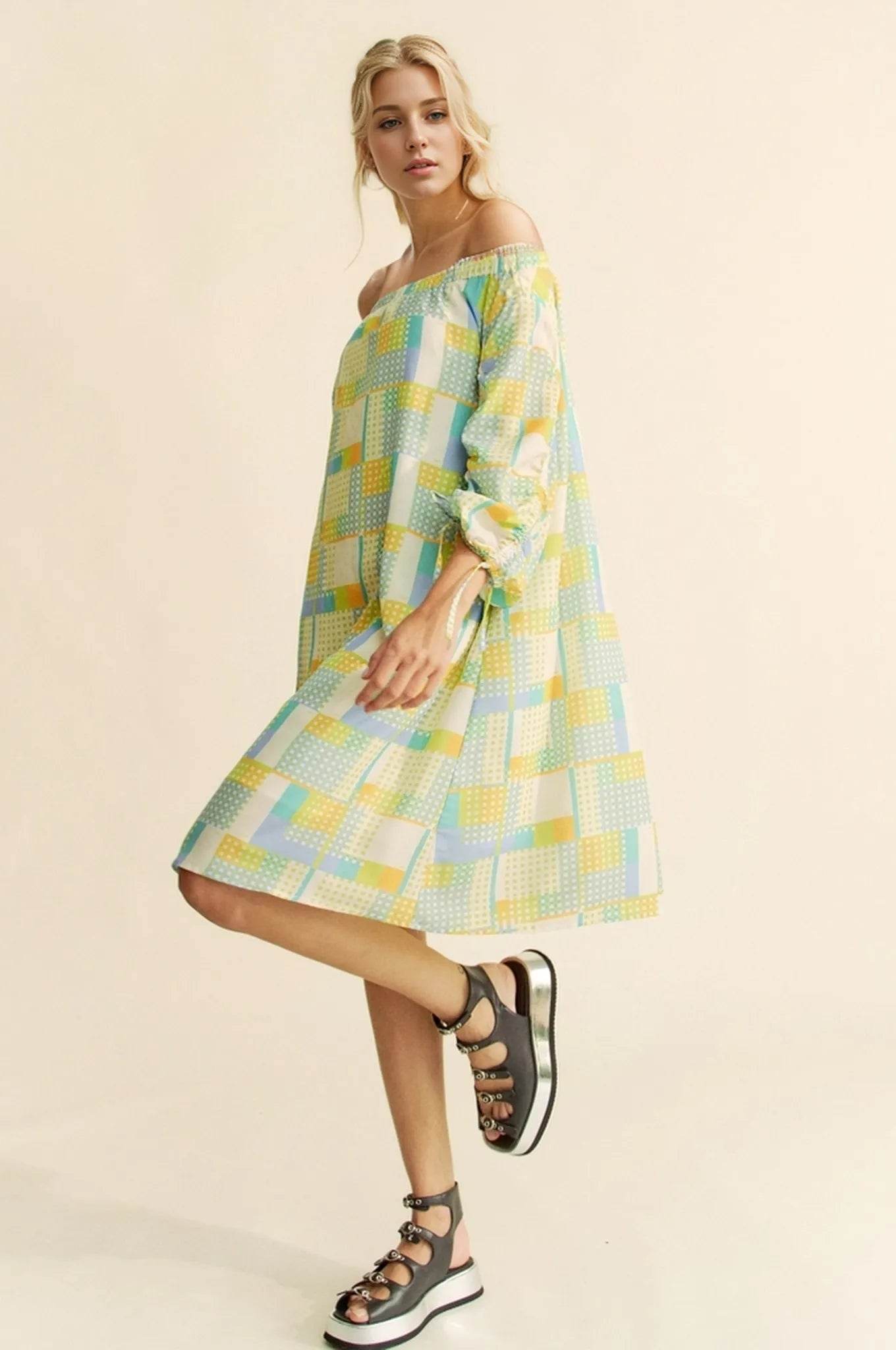 Davi & Dani Printed Off Shoulder Drawstring Sleeve Mini Dress - Shop Style & More | Fresh Looks, Everyday Deals & Free Shipping