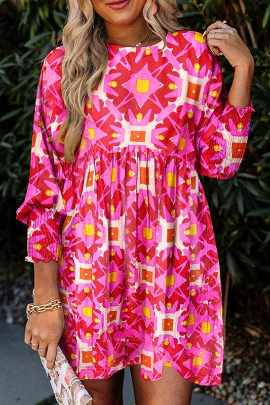 Geometric Print Smocked Long Sleeve Mini Dress - Shop Style & More | Fresh Looks, Everyday Deals & Free Shipping