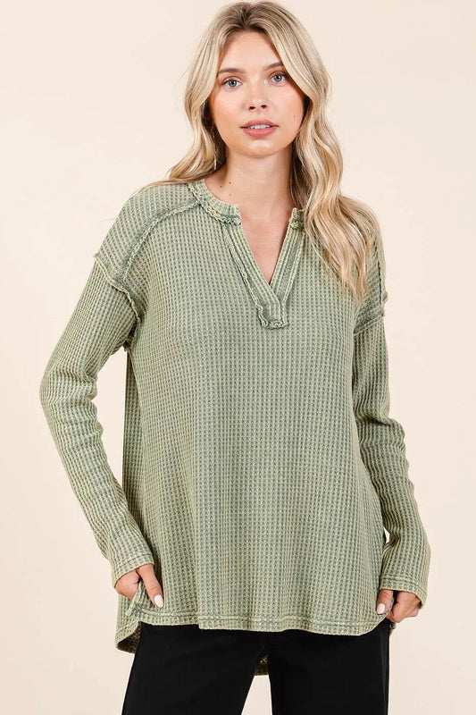 Mittoshop Mineral Wash Waffle Knit V-Neck Long Sleeve Top - Shop Style & More | Fresh Looks, Everyday Deals & Free Shipping