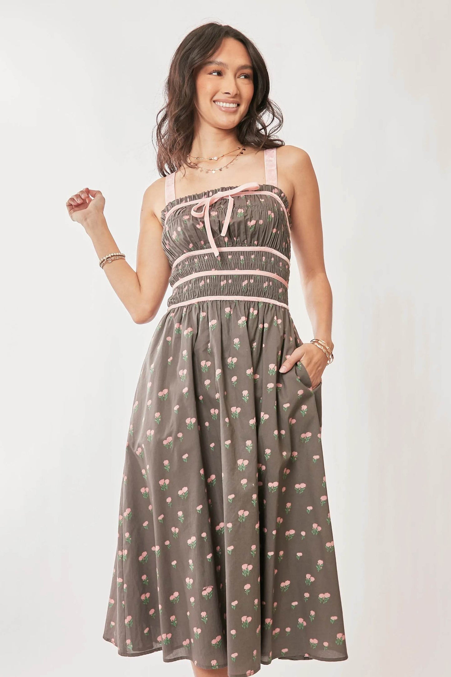 Davi & Dani Contrast Velvet Tape Smocking Bodice Midi Dress - Shop Style & More | Fresh Looks, Everyday Deals & Free Shipping