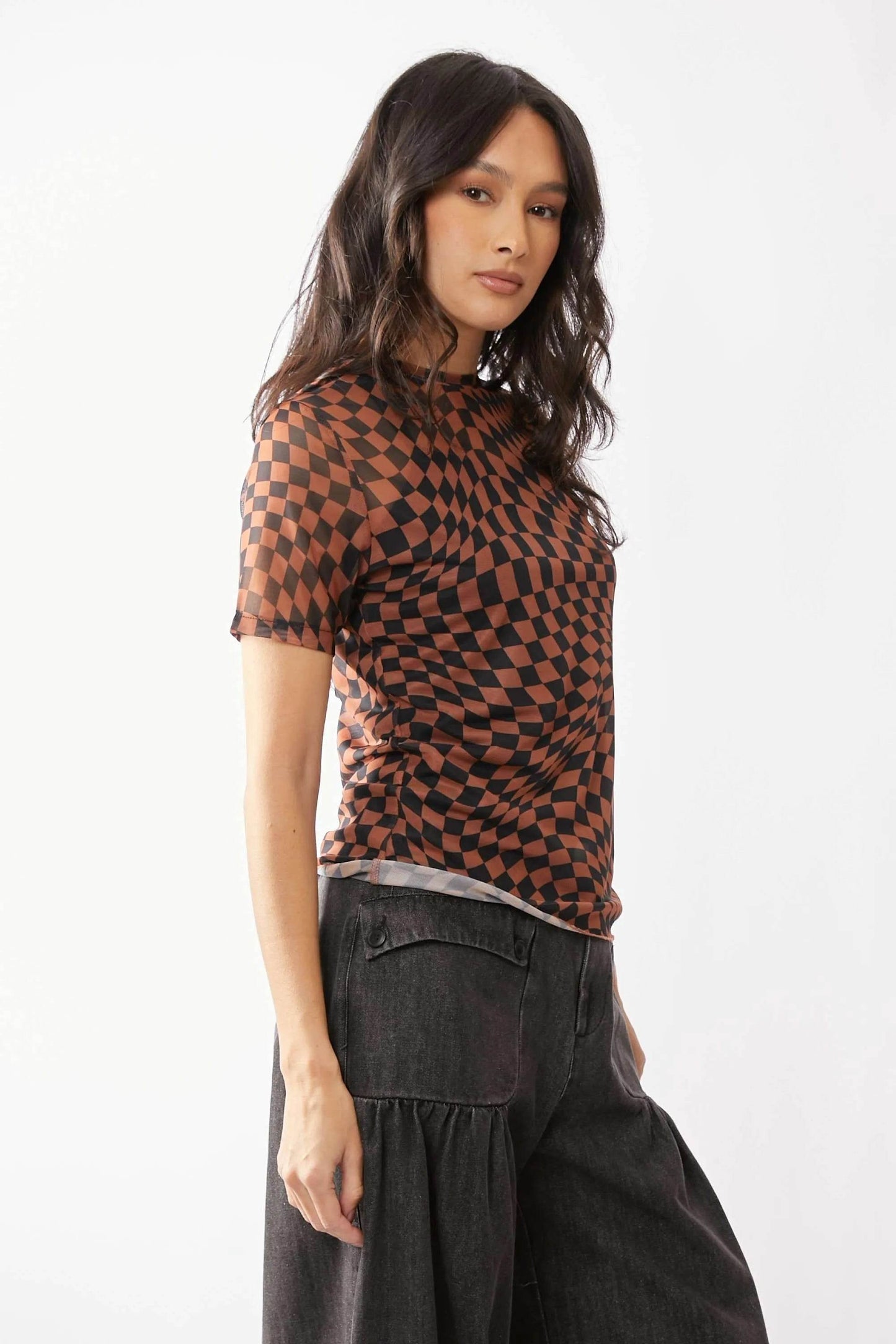 Davi & Dani Checker Board Printed Mesh Short Sleeve Top - Shop Style & More | Fresh Looks, Everyday Deals & Free Shipping