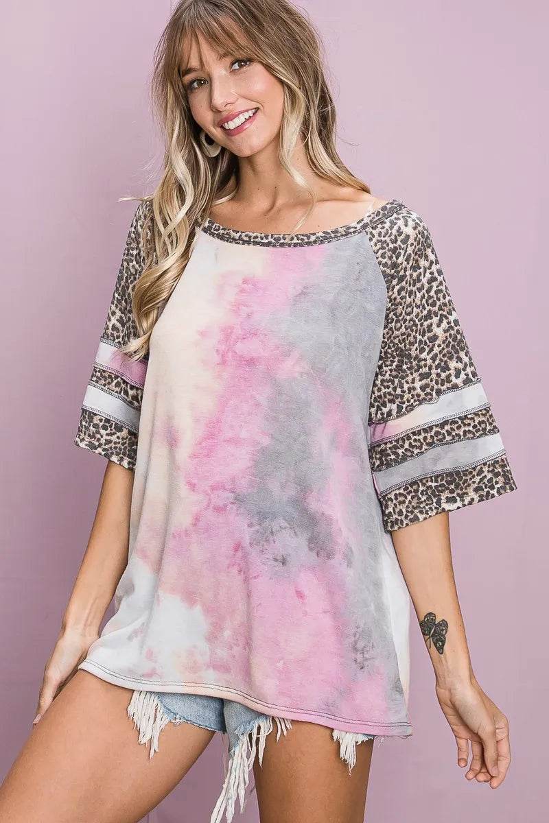 BiBi Tiedye French Terry with Leopard Sleeve Top - Shop Style & More | Fresh Looks, Everyday Deals & Free Shipping