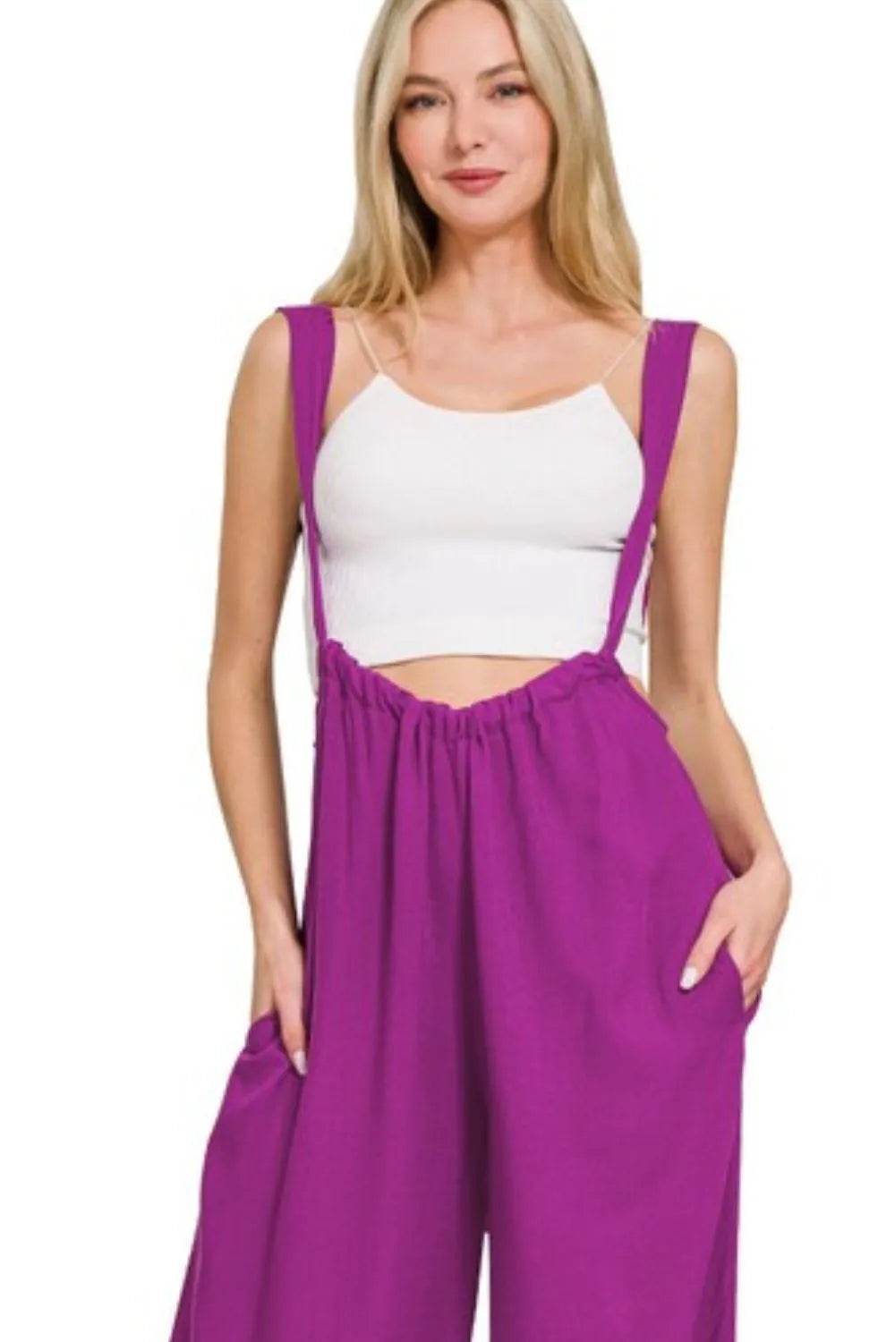 Zenana Woven Tie Back Suspender Jumpsuit - Shop Style & More | Fresh Looks, Everyday Deals & Free Shipping
