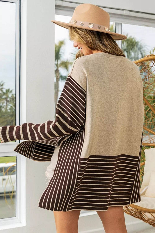 BiBi Striped Contrast Long Sleeve Slit Top - Shop Style & More | Fresh Looks, Everyday Deals & Free Shipping