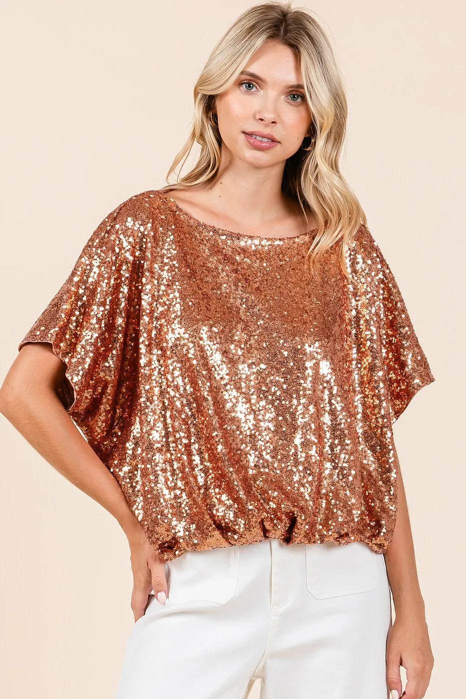 Mittoshop Sequin Short Sleeve Elastic Band Hem Top - Shop Style & More | Fresh Looks, Everyday Deals & Free Shipping