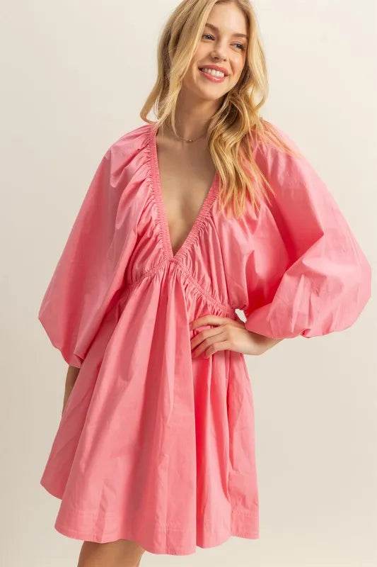 HYFVE Plunge Balloon Sleeve Poplin Mini Dress with Pockets - Shop Style & More | Fresh Looks, Everyday Deals & Free Shipping