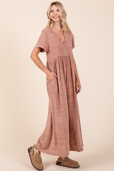 Mittoshop Mineral Wash Jumpsuit - Short Sleeve Flowy Wide Leg Design Jumpsuits