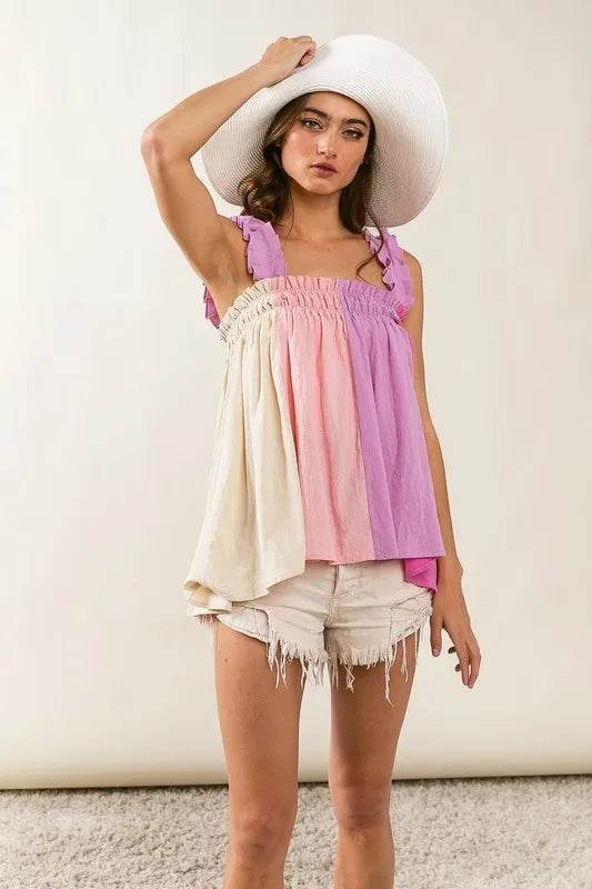 BiBi Frill Shoulder Strap Color Block Bodice Top - Shop Style & More | Fresh Looks, Everyday Deals & Free Shipping