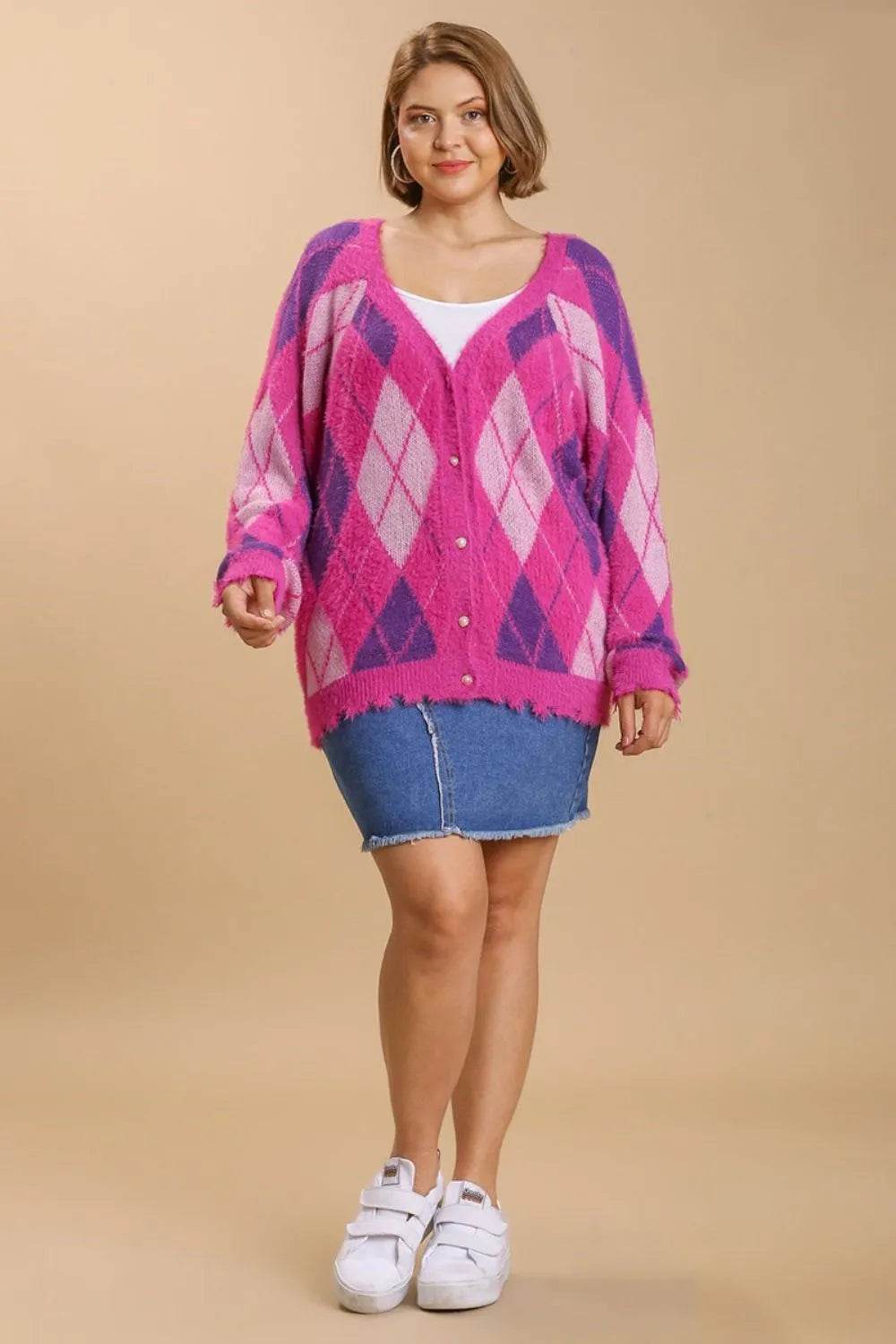 Umgee Full Size Argyle Pattern V-Neck Button Front Cardigan Plus Size - Shop Style & More | Fresh Looks, Everyday Deals & Free Shipping