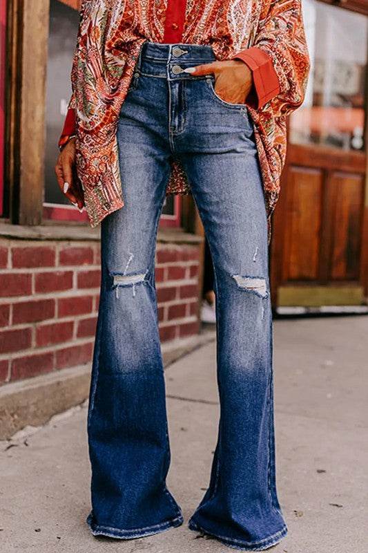 Sky Blue Button Fly Ripped High Waist Flare Jeans - Shop Style & More | Fresh Looks, Everyday Deals & Free Shipping