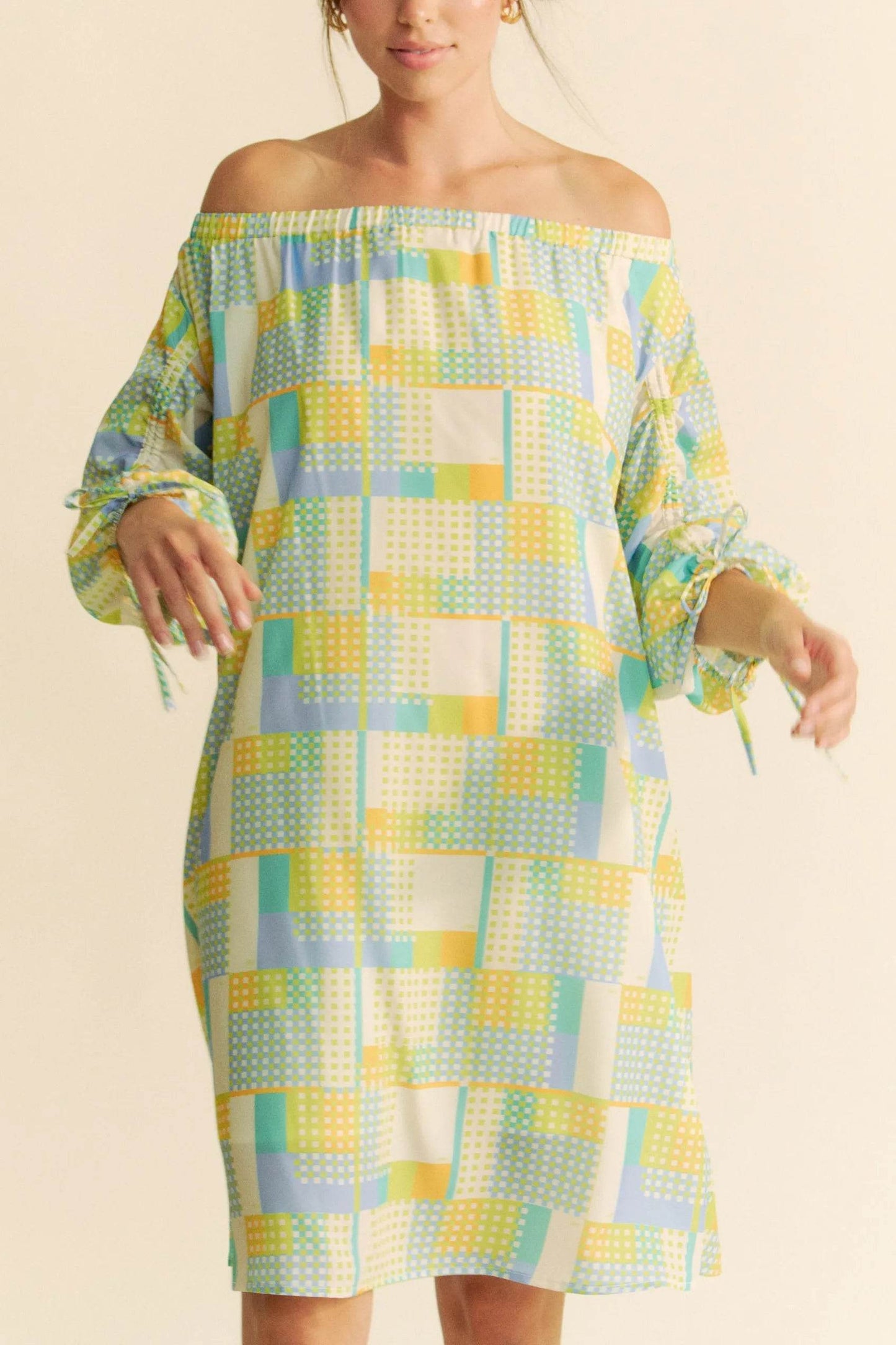 Davi & Dani Printed Off Shoulder Drawstring Sleeve Mini Dress - Shop Style & More | Fresh Looks, Everyday Deals & Free Shipping