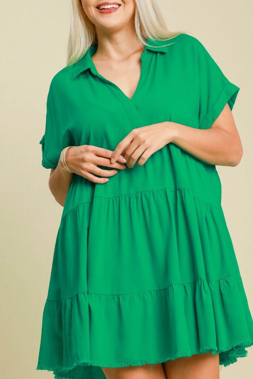 Umgee Full Size Raw Hem Folded Sleeve Tiered Dress Plus Size - Shop Style & More | Fresh Looks, Everyday Deals & Free Shipping