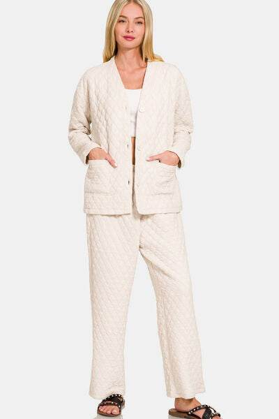 Zenana Quilted Button Up Long Sleeve Top and Pants Lounge Set - Shop Style & More | Fresh Looks, Everyday Deals & Free Shipping
