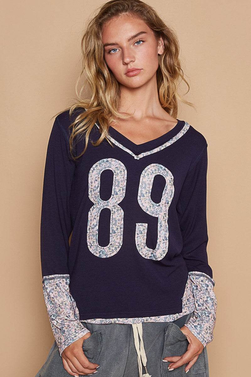 POL V-Neck Long Sleeve Floral Number Patch T-Shirt - Shop Style & More | Fresh Looks, Everyday Deals & Free Shipping