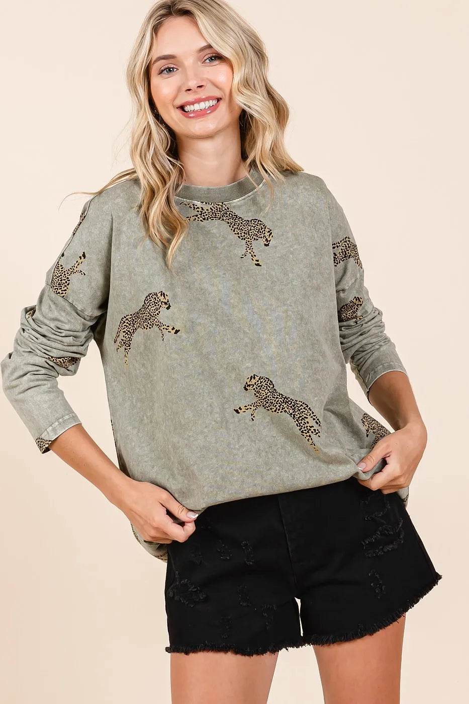 Mittoshop Mineral Wash Cheetah Print Long Sleeve Top - Shop Style & More | Fresh Looks, Everyday Deals & Free Shipping