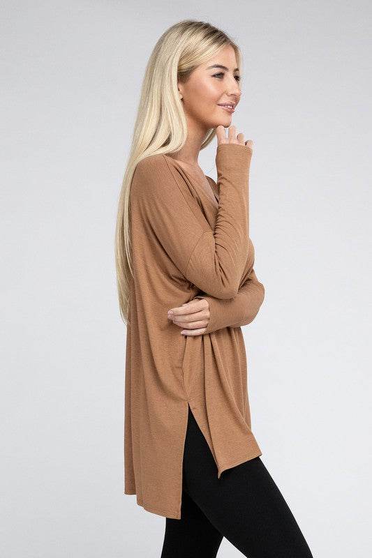 Dolman Long Sleeve V-Neck Side Slit Hi-Low Hem Top - Shop Style & More | Fresh Looks, Everyday Deals & Free Shipping