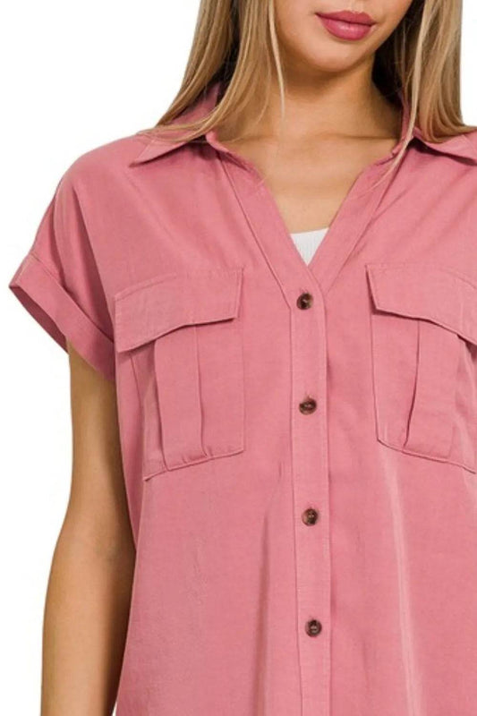 Zenana Tencel V-neck Collared Top W Front Flap Pockets - Shop Style & More | Fresh Looks, Everyday Deals & Free Shipping