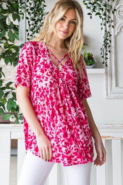 Heimish Full Size Short Sleeve Crisscross Animal Babydoll Top Plus Size - Shop Style & More | Fresh Looks, Everyday Deals & Free Shipping