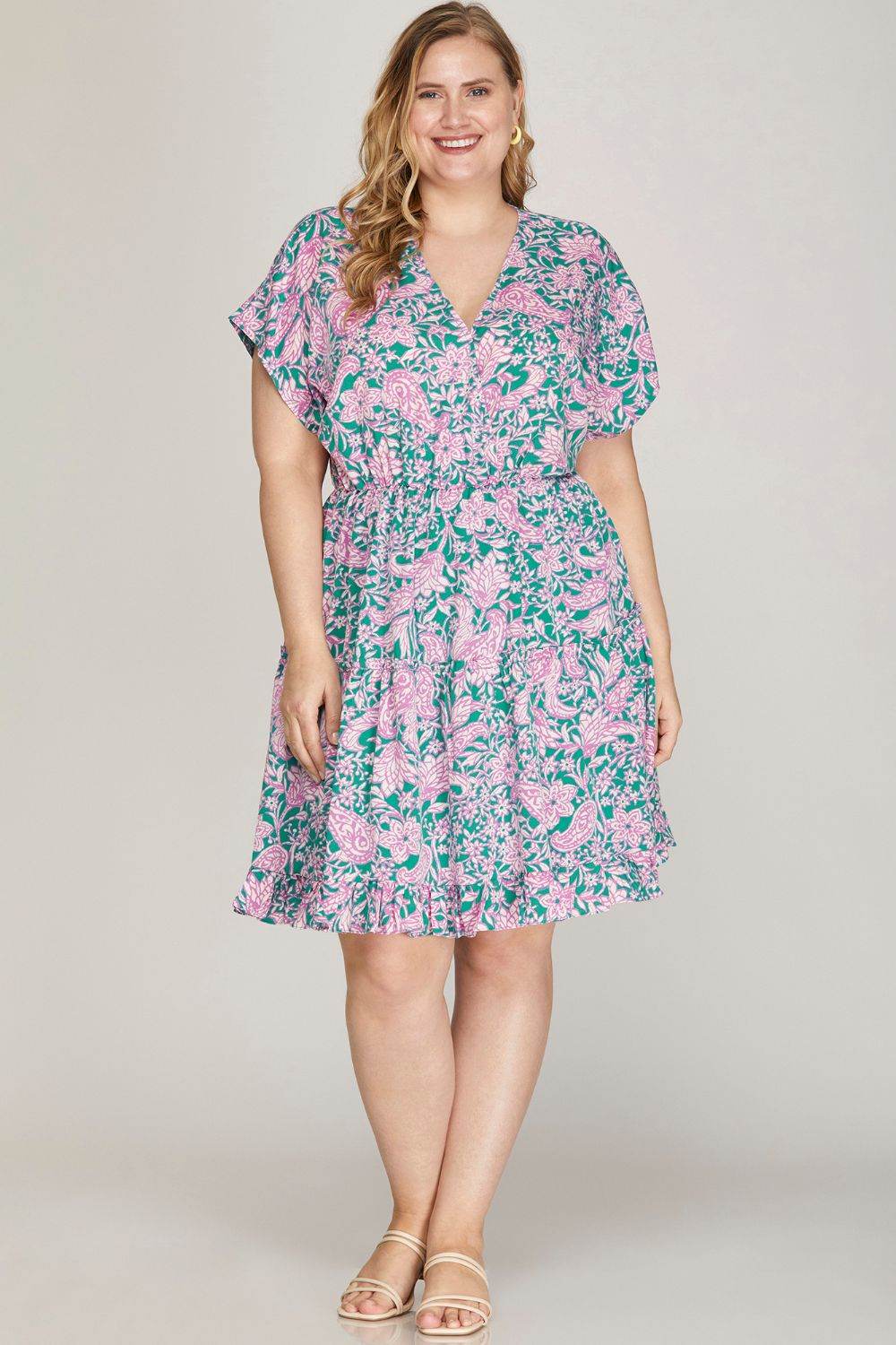 She + Sky Full Size Ruffled Hem Printed Surplice Kimono Sleeve Mini Dress Plus Size - Shop Style & More | Fresh Looks, Everyday Deals & Free Shipping