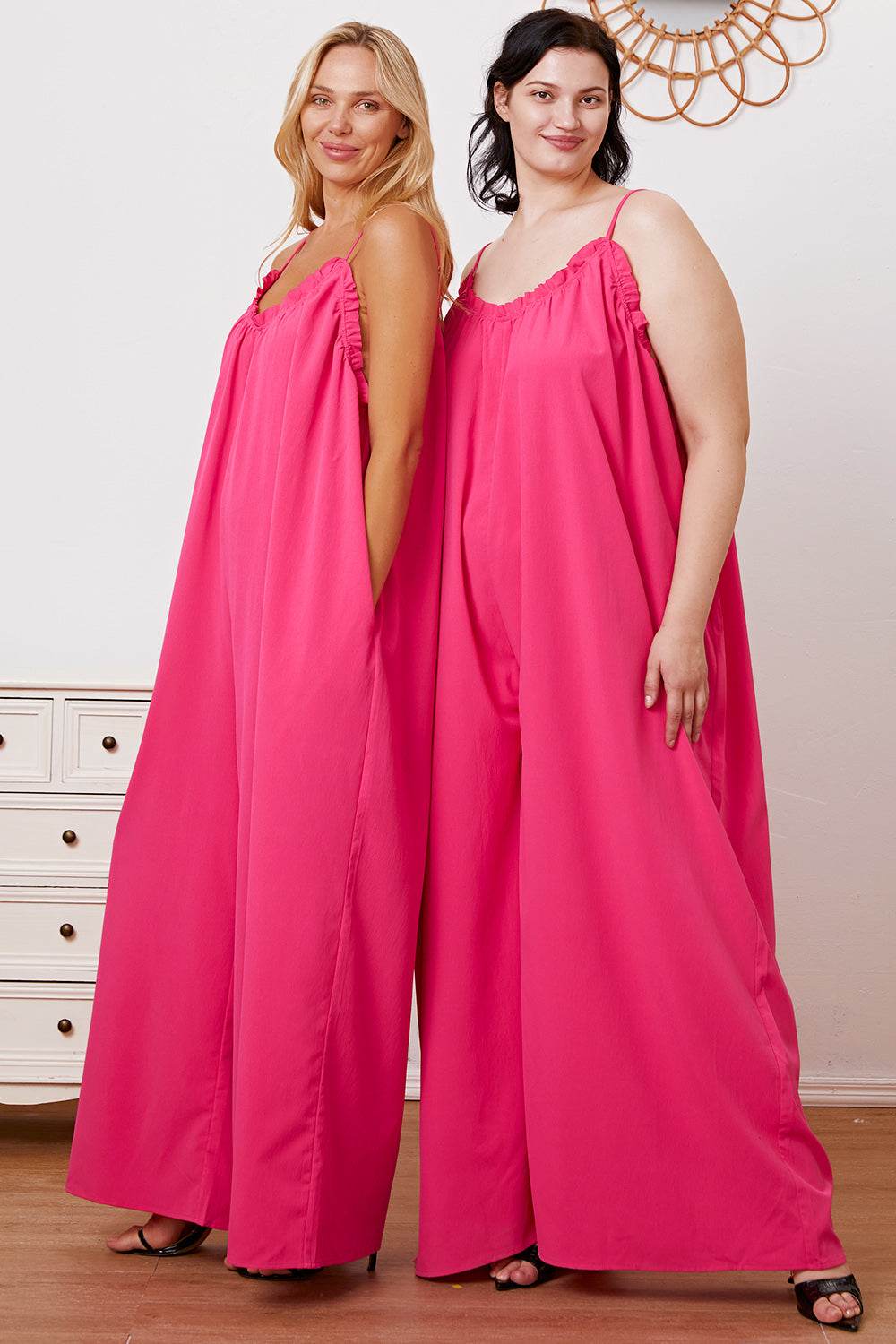 Double Take Full Size Ruffle Trim Tie Back Cami Jumpsuit with Pockets - Shop Style & More | Fresh Looks, Everyday Deals & Free Shipping