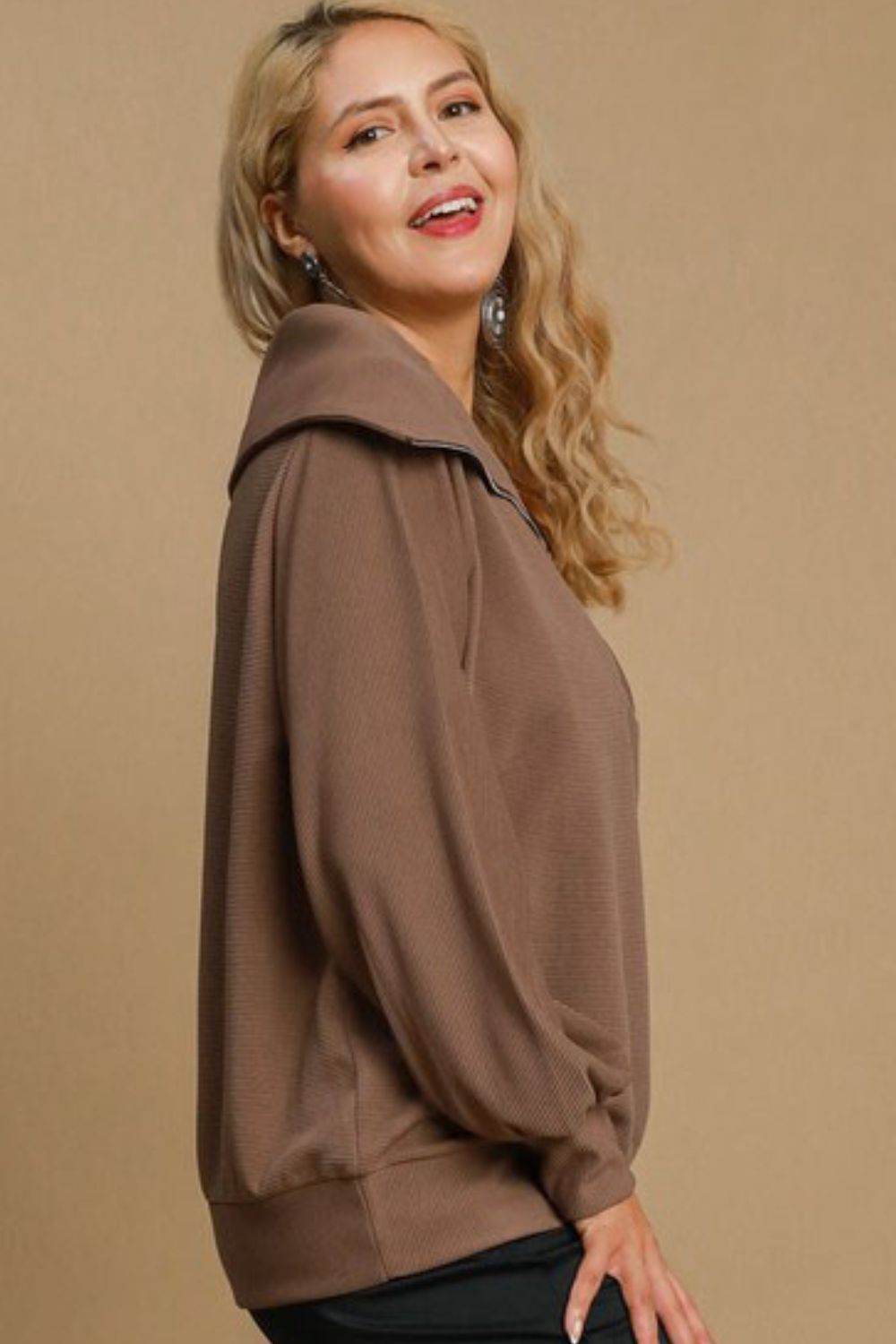 Umgee Full Size Ribbed Knit Half Zipper Sweatshirt Plus Size - Shop Style & More | Fresh Looks, Everyday Deals & Free Shipping