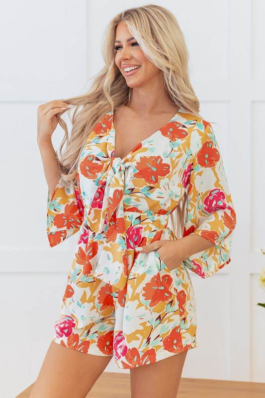 Orange Blooming Floral Print Front Tie Romper - Shop Style & More | Fresh Looks, Everyday Deals & Free Shipping