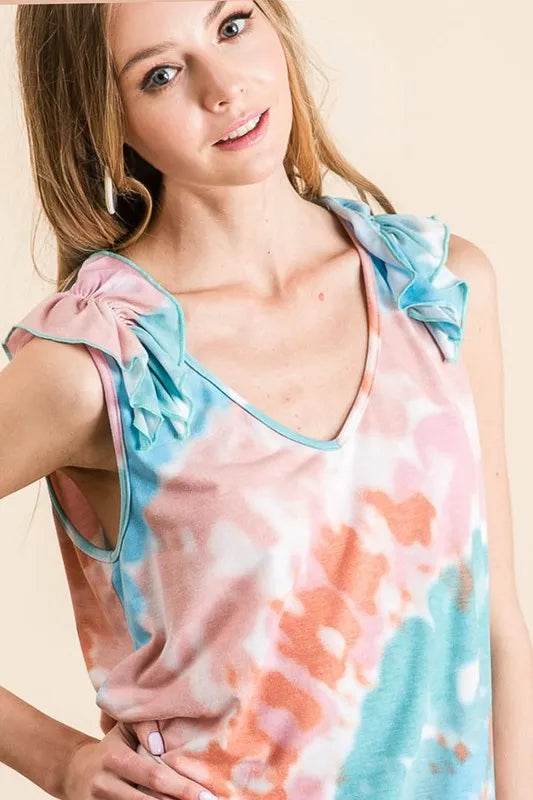 BiBi Circular Tie Dye Knit V Neck Top With Ruffle - Shop Style & More | Fresh Looks, Everyday Deals & Free Shipping