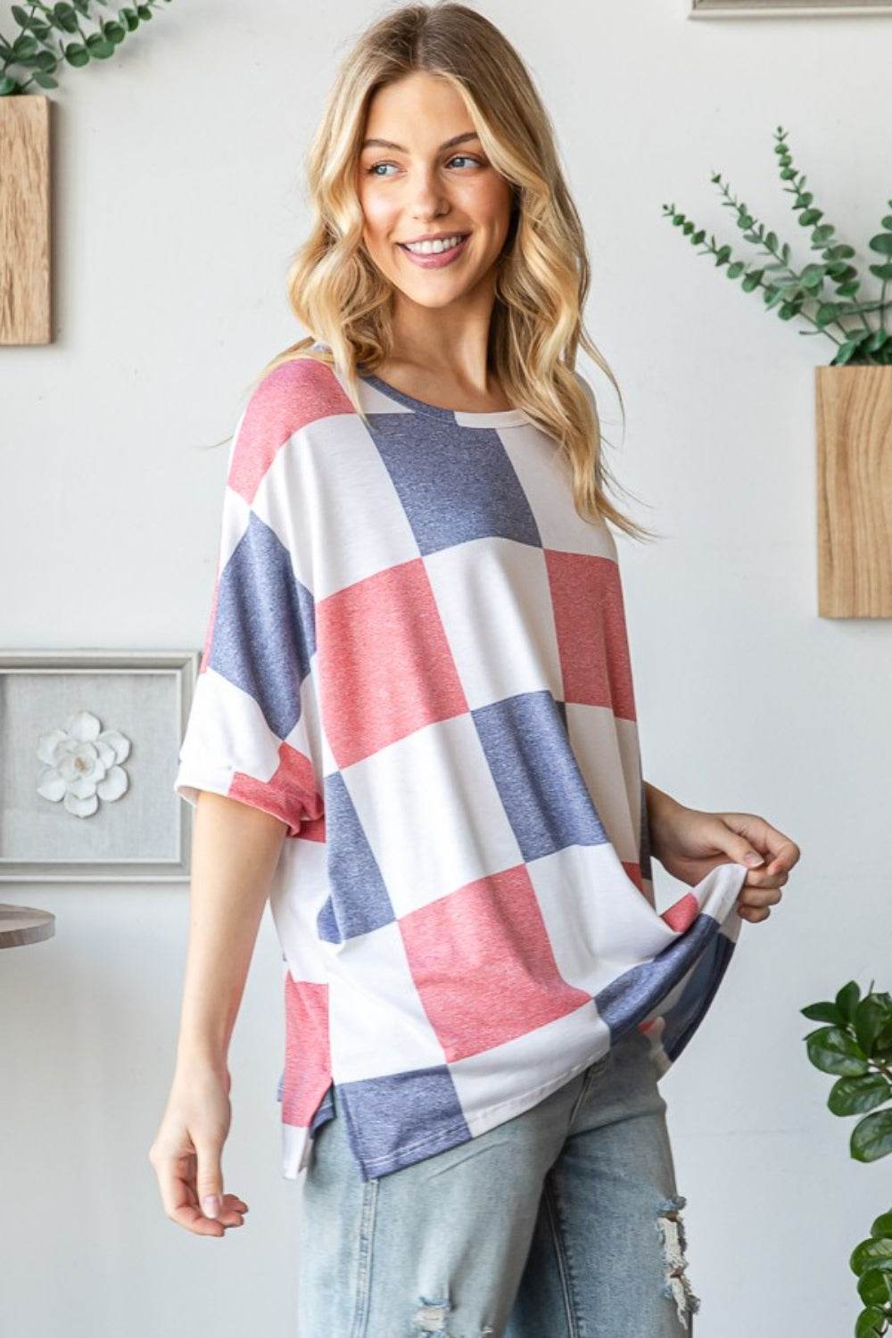 HOPELY Checkered Round Neck Half Sleeve T-Shirt - Shop Style & More | Fresh Looks, Everyday Deals & Free Shipping