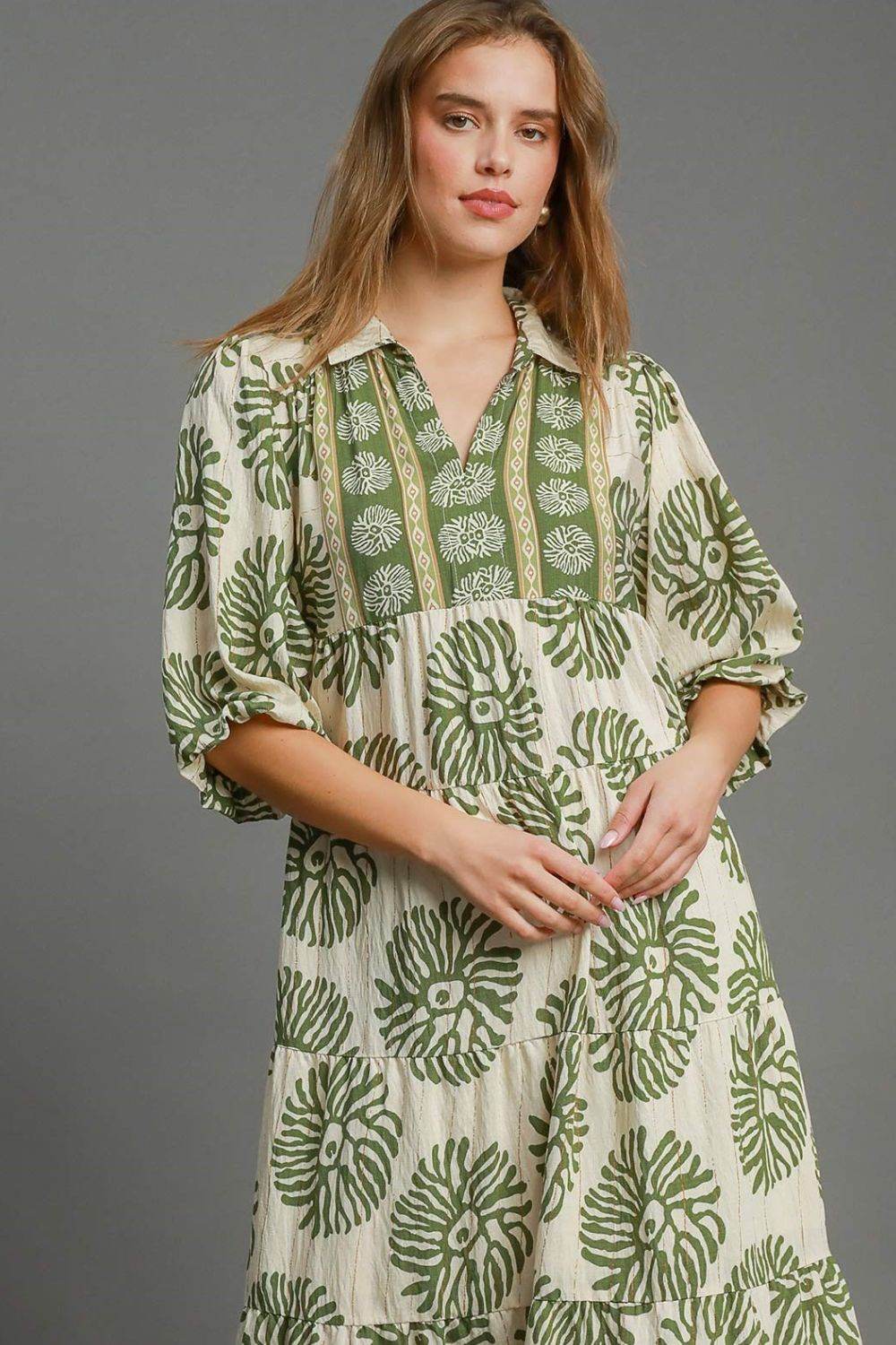 Umgee Full Size Border Print Tiered Midi Dress Plus Size - Shop Style & More | Fresh Looks, Everyday Deals & Free Shipping