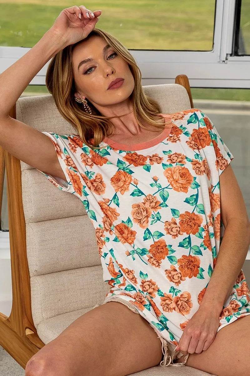 BiBi Rose Print Thermal Neck Binding Dolman Sleeves Top - Shop Style & More | Fresh Looks, Everyday Deals & Free Shipping