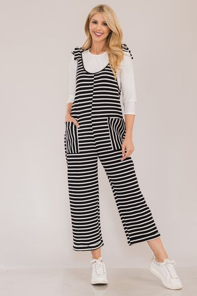 Celeste Full Size Striped Scoop Neck Overalls with Pockets Black Stripe Jumpsuits