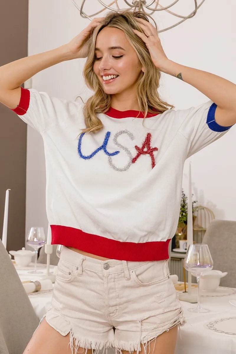 BiBi USA Metallic Letter Color Block Knit Top - Shop Style & More | Fresh Looks, Everyday Deals & Free Shipping