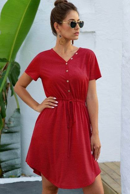 Solid V Neck Button Down Tie Waist Jersey Dress - Shop Style & More | Fresh Looks, Everyday Deals & Free Shipping