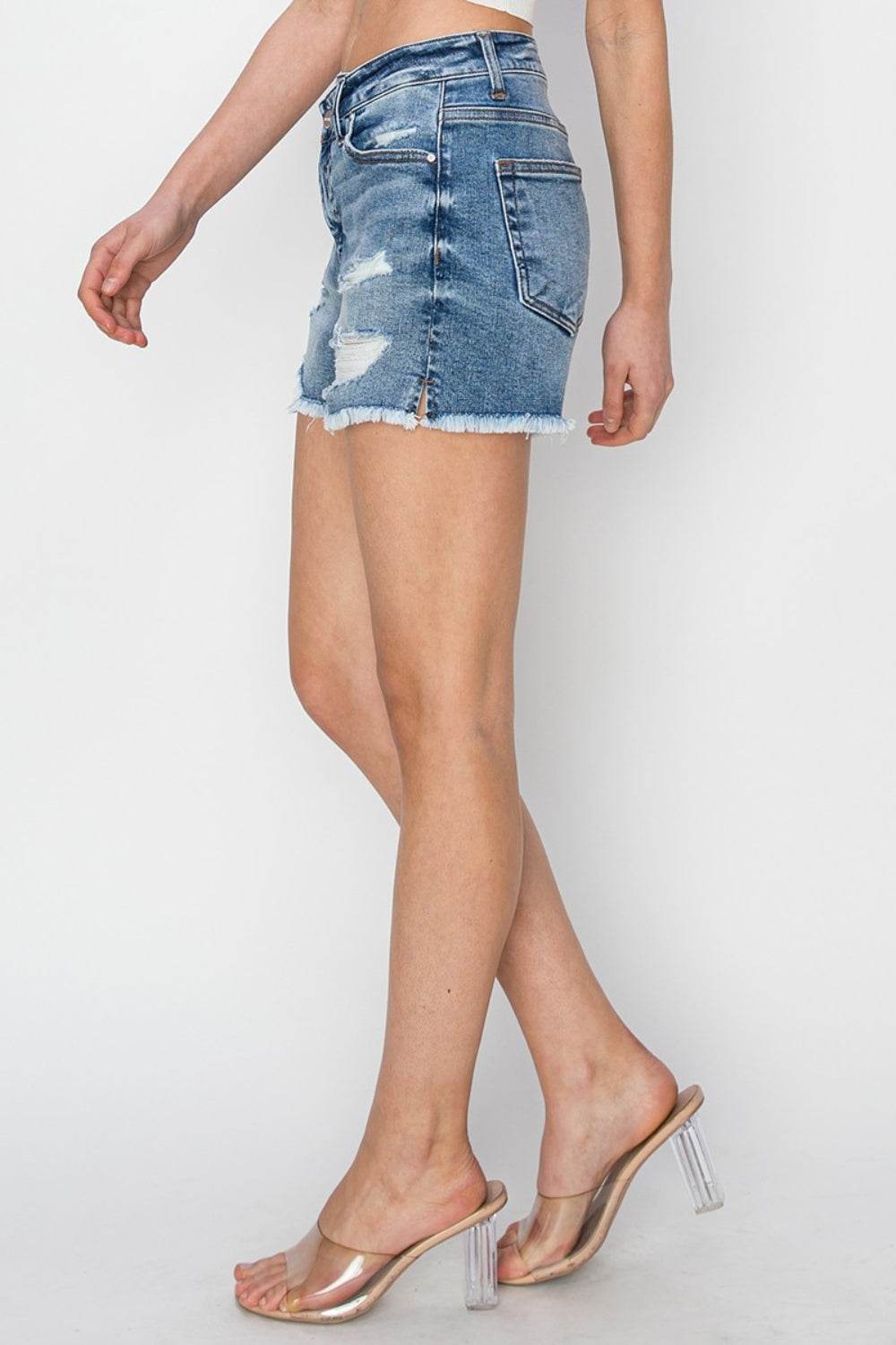RISEN Stepped Waist Frayed Denim Shorts - Shop Style & More | Fresh Looks, Everyday Deals & Free Shipping