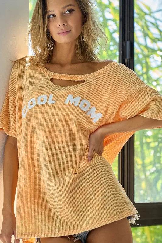 BiBi Washed Laser Cut Detail Cool Mom Print Thermal Top - Shop Style & More | Fresh Looks, Everyday Deals & Free Shipping