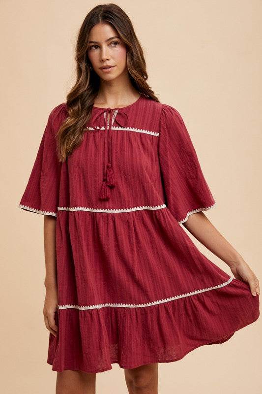 Annie Wear Tassel Contrast Trim Tie Neck Half Sleeve Tiered Dress - Shop Style & More | Fresh Looks, Everyday Deals & Free Shipping
