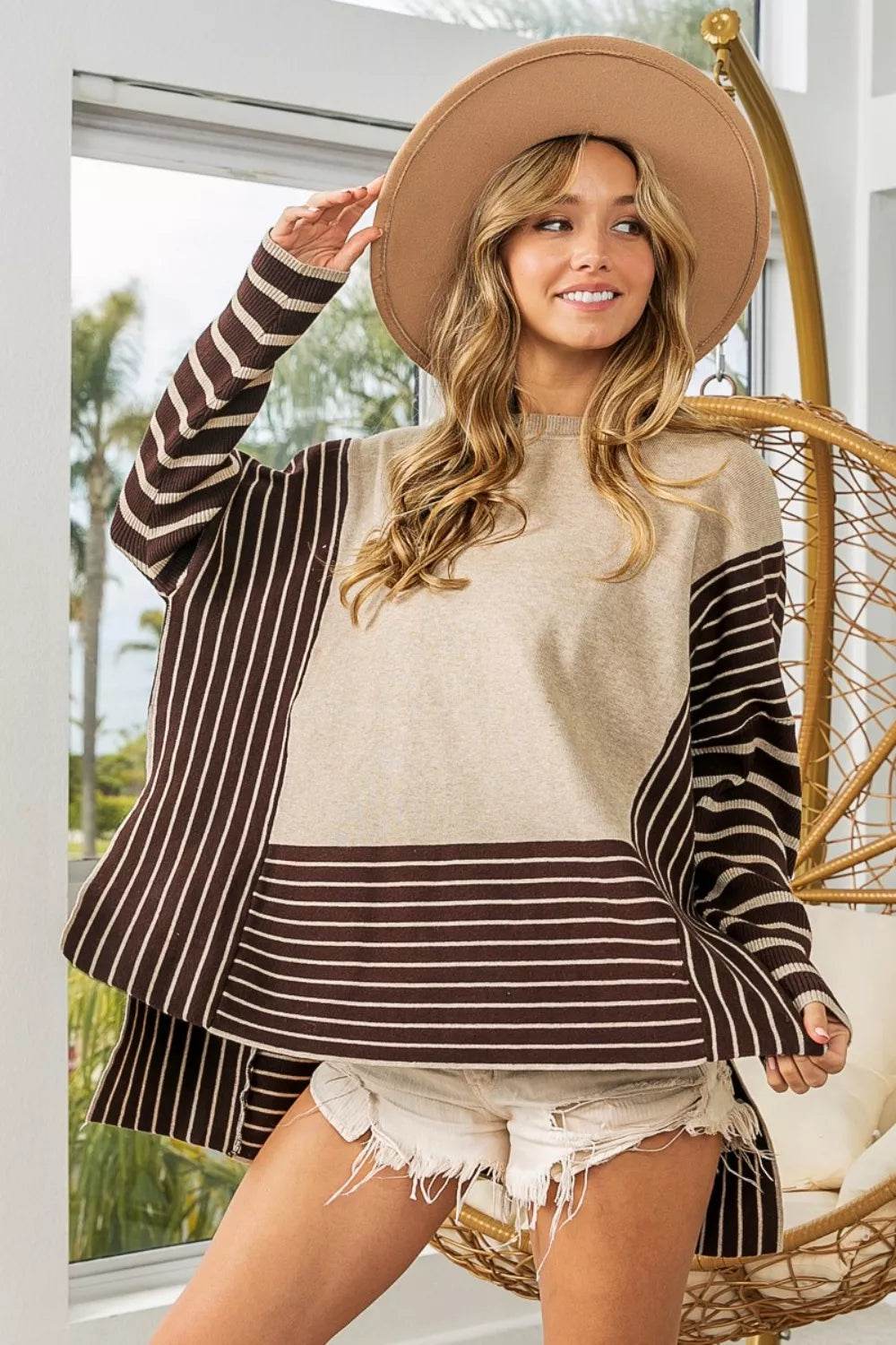 BiBi Striped Contrast Long Sleeve Slit Top - Shop Style & More | Fresh Looks, Everyday Deals & Free Shipping